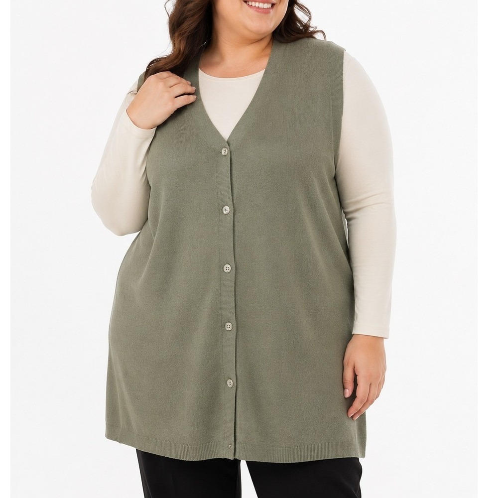 Womens Olive Green Wool Sweater Vest XXL Button Front Sleeveless Longline Casual
